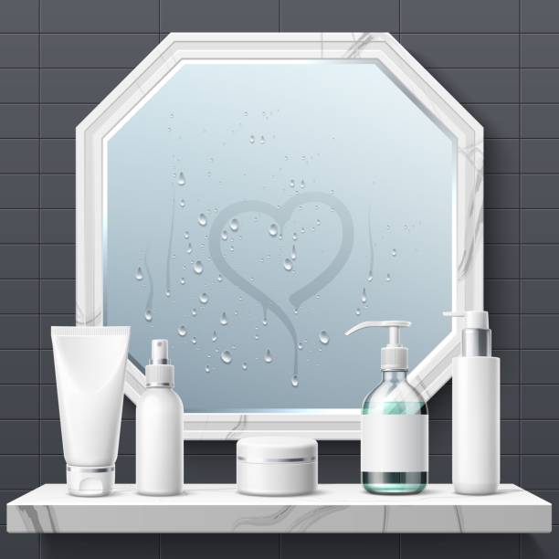 реалистичное зеркало для ванны. светоотражающая стеклянная поверхность ванной комнаты с конденсатом. интерьер туалета. полка с продуктами - condensate stock illustrations