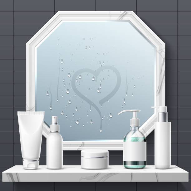 Realistic bath mirror. Bathroom reflective glass surface with condensate. Toilet interior. Shelf with skin and hair care products. Cosmetic containers. Apartment furniture. Vector concept Realistic bath mirror. Bathroom reflective glass surface with condensate. Toilet interior. Home shelf with skin and hair care products. Cosmetic blank containers. Apartment furniture. Vector concept water condensate stock illustrations