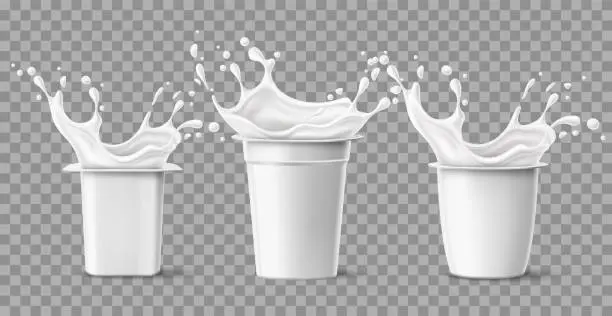 Vector illustration of Realistic yogurt splashes. Plastic opened packages. Fermented milk splatters and drops. Natural Greek product. Different shapes 3D cream containers mockup. Vector blank packaging set