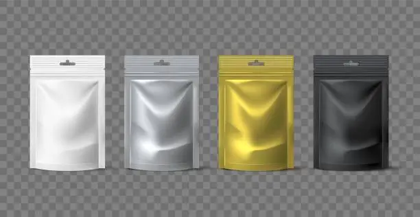 Vector illustration of Realistic pouch package. Isolated foil zip lock packaging. Different colors bags. Gold or silver 3D product containers mockup for branding. Black or white plastic sachets. Vector packs set