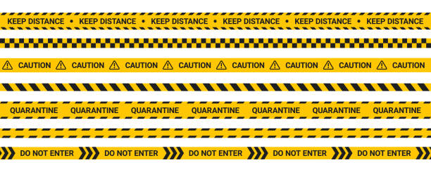 taśma kwarantanny, zachowaj paski ostrzegawcze odległości. zestaw taśm ostrzegawczych izolowany na białym tle, żółta wstążka w płaskim stylu. strefa niebezpieczna obszar przygraniczny, znak blokady covid. - safety yellow road striped stock illustrations