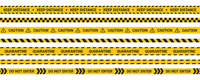 Quarantine tape, keep distance warning stripes. Warning caution tape set isolated on white background, yellow ribbon in flat style. Danger zone border area, covid lockdown sign.