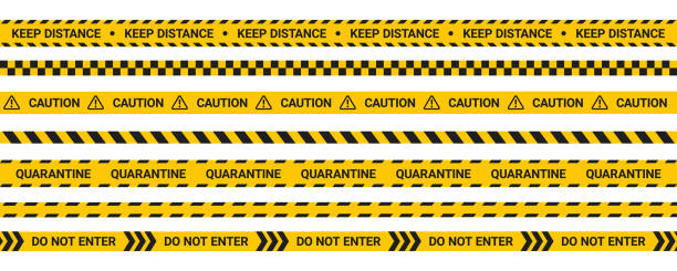 Quarantine tape, keep distance warning stripes. Warning caution tape set isolated on white background, yellow ribbon in flat style. Danger zone border area, covid lockdown sign. Quarantine tape, keep distance warning stripes. Warning caution tape set isolated on white background, yellow ribbon in flat style. Danger zone border area, covid lockdown sign. road marking stock illustrations