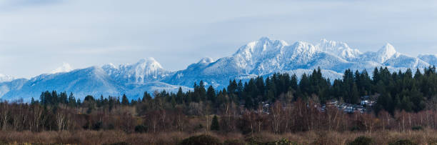 Golden Ears Mountain Range panorama in Maple Ridge, Vancouver, British Columbia Canada snow capped in the winter for scenic photos stock photo