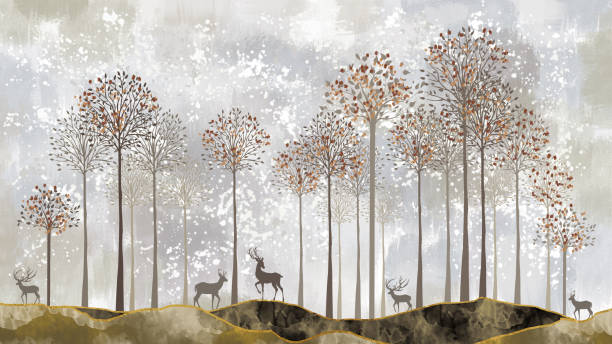 istock 3d modern flat art mural wallpaper with  Jungle, forest background . deers, christmas tree, marble mountain in painting background 1370336949