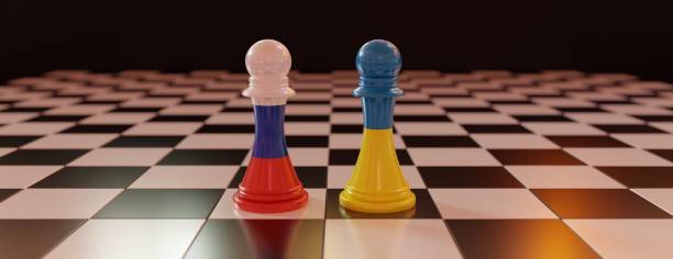 istock Russia vs Ukraine, crisis. War threat, conflict. Flag on chess piece on chessboard. 3d render 1370337082