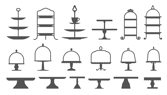 Set of cake stands in flat icon style. Empty trays for fruit and desserts. Vector illustration isolated on white background.