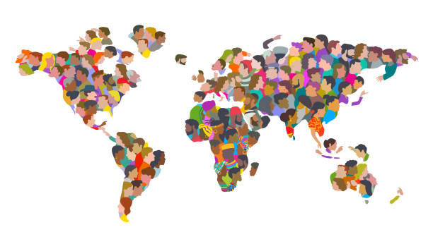 People of the World Group of People in shape of World Map. Earth Community, Multiracial Group. Fun characters drawn in a fun, whimsical, caricature or cartoon style. muslim world map stock illustrations