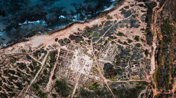 Aerial view of the historical Roman city “leptis magna” and the Mediterranean in Libya