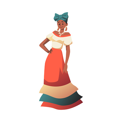 Cuban beautiful woman or young girl in colorful Caribbean or Latin American female costume with long skirt, cartoon flat vector illustration isolated on white background.