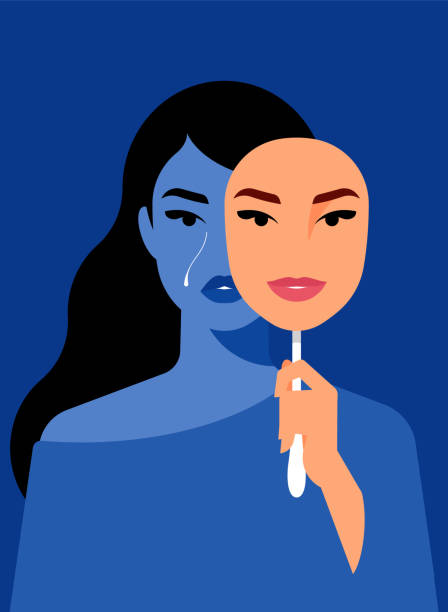 ilustrações, clipart, desenhos animados e ícones de mulher triste cobrindo o rosto com máscara expressando emoções opostas. síndrome do impostor, hipocrisia, personalidade dividida, problemas psicológicos, transtorno bipolar. ilustração para pôster, capa, revista. - mask hiding women dishonesty