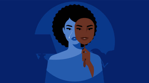 ilustraciones, imágenes clip art, dibujos animados e iconos de stock de mujer triste cubriéndose la cara con máscara expresando emoción opuesta. triste chica negra. síndrome del impostor, hipocresía, problemas psicológicos, trastorno bipolar. ilustración para póster, portada, mag. - tragedy mask illustrations