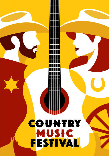 Country music festival poster. Illustration with acoustic guitar, people faces in cowboy hat, wild west elements. Country girl, bearded cowboy, west landscape. Illustration for music event. Country music festival poster. Illustration with acoustic guitar, people faces in cowboy hat, wild west elements. Country girl, bearded cowboy, west landscape. Illustration for music event. country and western stock illustrations