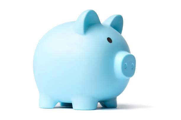 istock Blue plastic piggy bank isolated on a white background, side view 1370340512