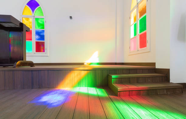 Panama city, September 8, reflections of colored light on the pulpit of a colonial church. Shoot on September 8, 2021