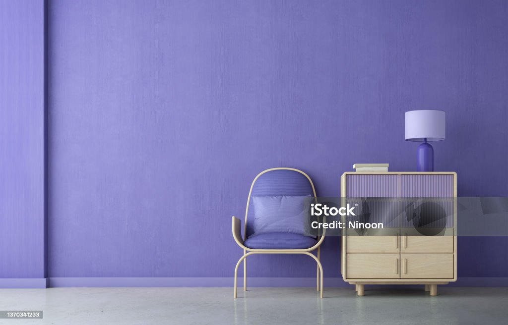 Violet room Very Peri.Chair,cabinet and lamp.Modern design interior.3d rendering Wall - Building Feature Stock Photo