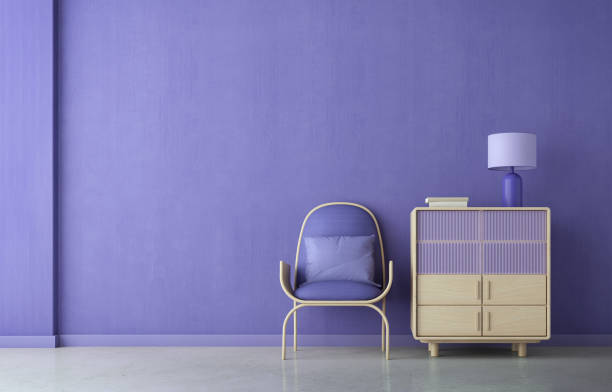Violet room Very Peri.Chair,cabinet and lamp.Modern design interior.3d rendering stock photo