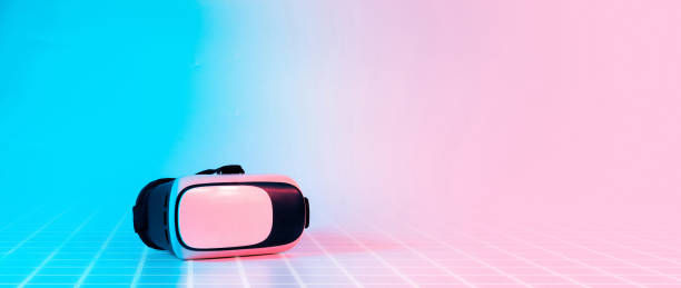 istock Virtual reality VR background. 3d digital glasses on futuristic neon tech background. Cyber space game, NFT game activity lifestyle of future. 1370341595