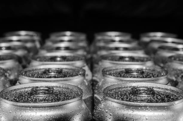 istock Selective focus close-up of rows of wet drink cans 1370342030