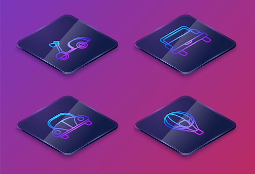 Set Isometric line Scooter, Car Volkswagen beetle, Pickup truck and Hot air balloon. Blue square button. Vector