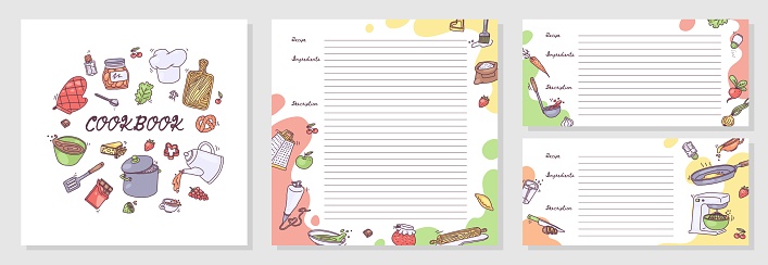 Recipe book cover and sheets template with space for ingredients and description, doodle vector illustration. Hand drawn cookbook with kitchen utensils and tools. Set of notebook papers.