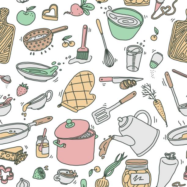 istock Kitchen utensil and food ingredients seamless pattern in doodle style, vector illustration on white background. 1370343606