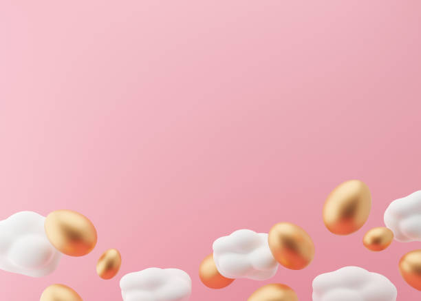 istock Golden Easter eggs and white clouds on pink background. Easter backdrop with free space for text, copy space. Postcard, greeting card design template. 3D illustration. 1370344873