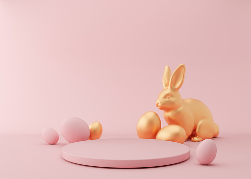 Podium with golden Easter eggs and hare on pink background. Modern podium for product, cosmetic presentation. Easter mock up. Pedestal or platform for beauty products. Empty scene. 3D rendering.