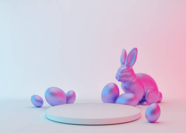 istock Podium with violet Easter eggs and hare. Neon colors and lights. Modern podium for product, cosmetic presentation. Easter mock up. Pedestal or platform for beauty products. 3D rendering. 1370344893