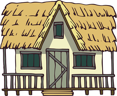Thatched House with Green Shutters. Vector Illustration Isolated on White Background