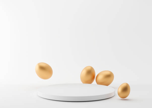 istock Simple, round podium on white background with golden Easter eggs. Modern podium for product, cosmetic presentation. Easter mock up. Pedestal or platform for beauty products. Empty scene. 3D rendering. 1370345326