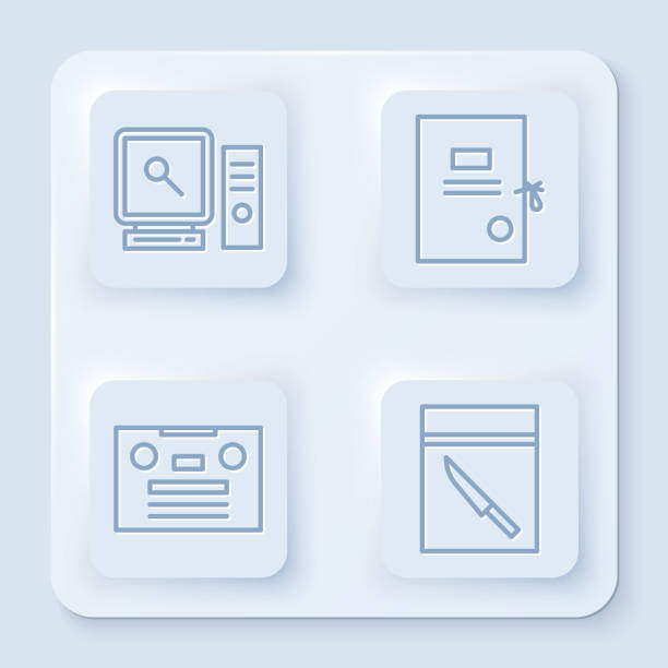 istock Set line Search on computer screen, Lawsuit paper, Retro audio cassette tape and Evidence bag and knife. White square button. Vector 1370346645