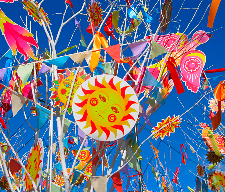 Decorations at Shrovetide, birds, garlands and sun, russian Maslenitsa