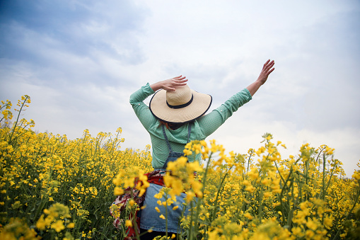 Happy smiling young woman with outstretched arms posing in an oilseed or canola field. About 25 years, unrecognizable female Caucasian redhead.