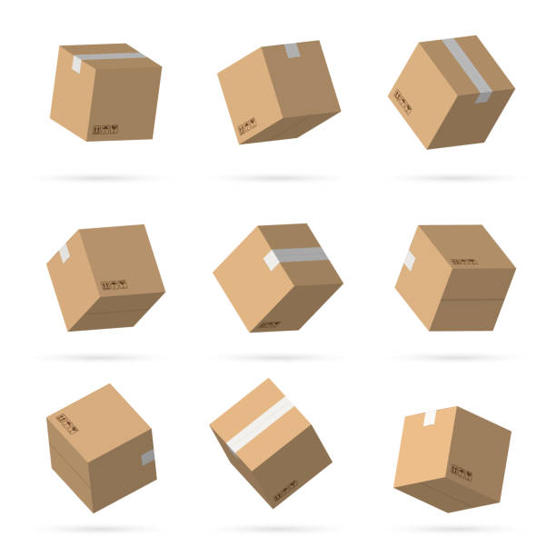 pudełka kartonowe w kształcie sześcianu 3d - cardboard box package box label stock illustrations
