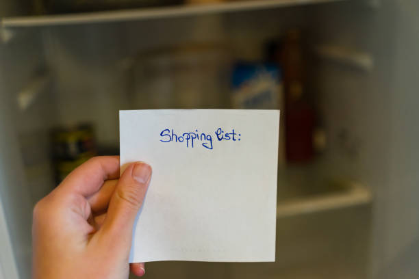 istock Shopping list and empty fridge background 1370350459