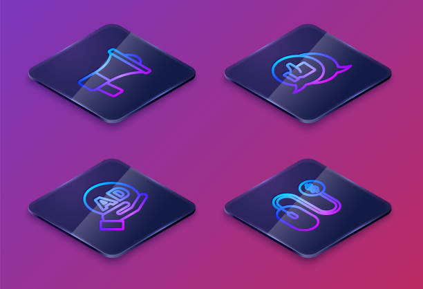 istock Set Isometric line Megaphone, Advertising, Customer product rating and . Blue square button. Vector 1370350616