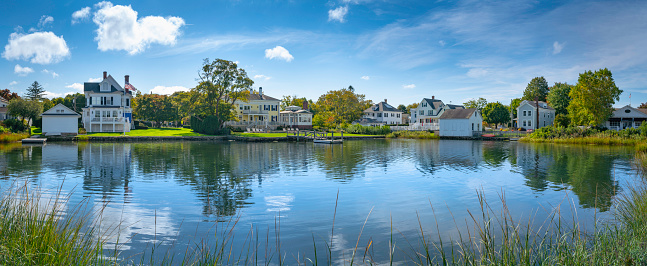 Panoramic landscape of the quiet town in the coastal road of New England, America