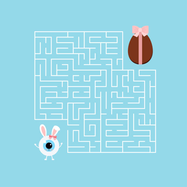 Easter bunny eyeball kids maze game worksheet illustration Easter bunny eyeball kids maze game. Help eye ball girl with bunny rabbit ears to find right way to chocolate egg in labyrinth. Vector flat design baby puzzle worksheet illustration in cartoon style dental and vision care stock illustrations