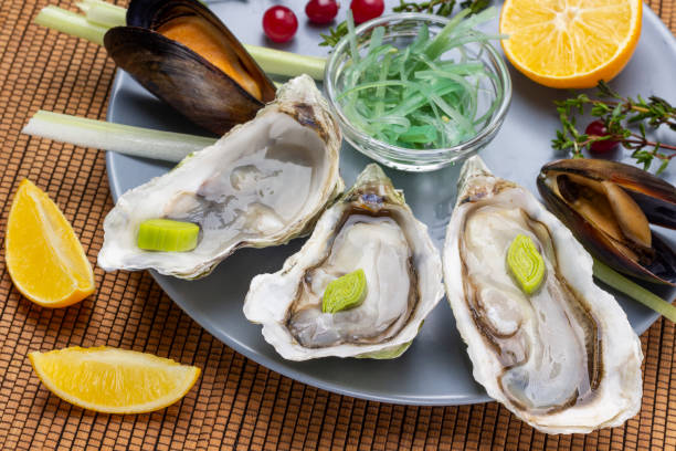 istock Oysters, clams, seaweed on a gray plate. 1370353444