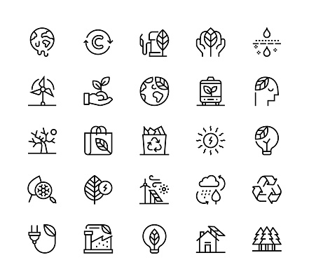 24 x 24 pixel high quality editable stroke line icons. These 25 simple modern icons are about ecology.