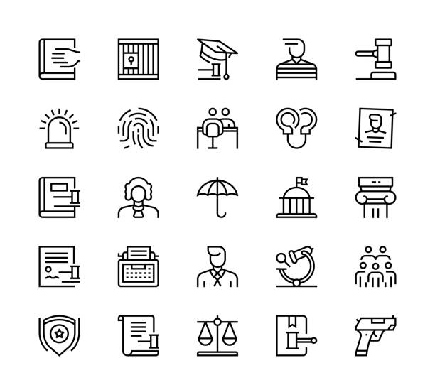 Law and justice icons 24 x 24 pixel high quality editable stroke line icons. These 25 simple modern icons are about law. interview event patterns stock illustrations