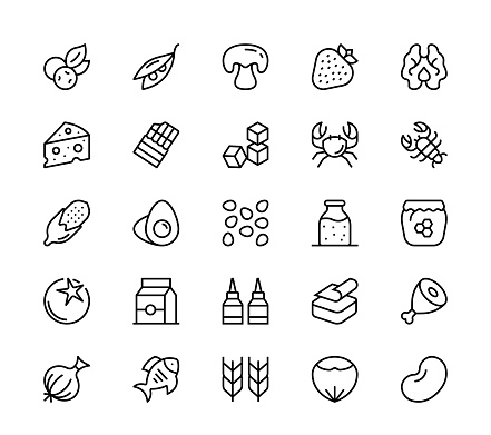 24 x 24 pixel high quality editable stroke line icons. These 25 simple modern icons are about food allergens.