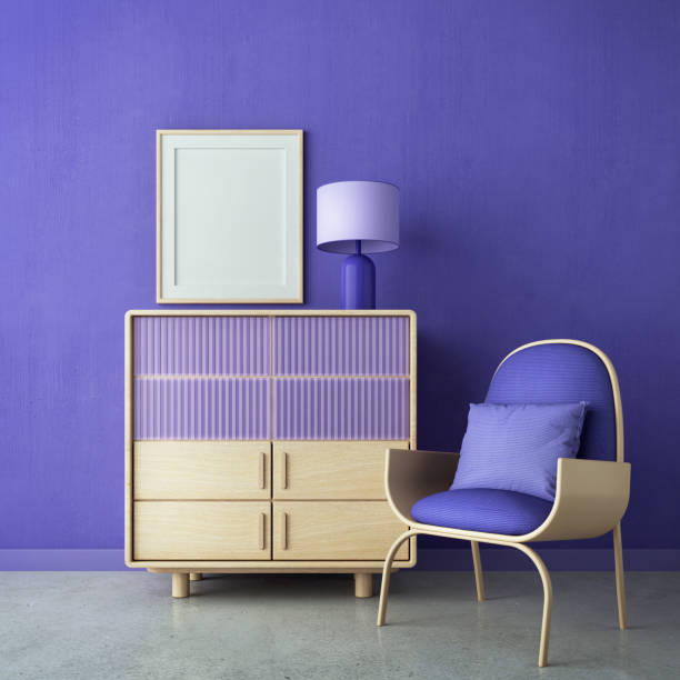 istock Violet room Very Peri.Chair,cabinet lamp and blank canvas.Modern design interior.3d rendering 1370353957
