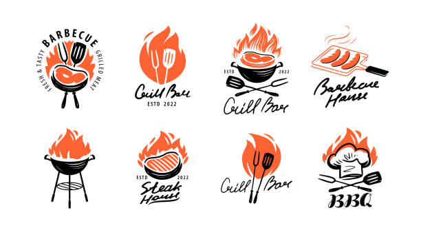 illustrazioni stock, clip art, cartoni animati e icone di tendenza di set di emblemi per barbecue e grill. etichette barbecue, badge ed elementi di design per il menu del ristorante - griglia per barbecue