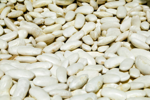 Beans, outdoors market display, full frame close-up view. Gijón, Asturias, Spain.