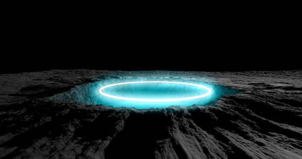 istock 3d rendering. A meteorite crater on the surface of a satellite, moon or planet in circle neon light. Procedurally generated crater texture. 1370355120