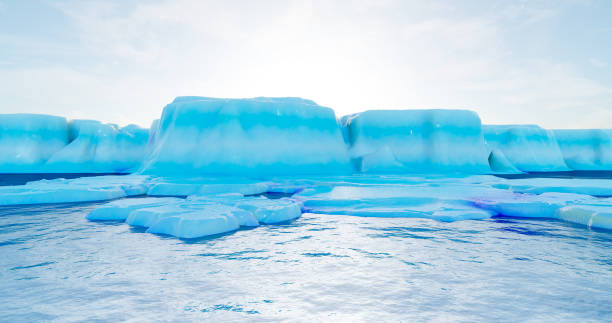 istock 3d rendering. An arctic glacier with ocean and small ice floes floating around against a blue sky with clouds. 1370355139