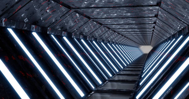 istock 3d rendering. Corridor with neon blue lighting and bright lights at the end. Goes into the distance. 1370355152
