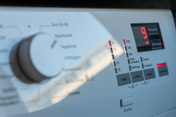 istock Detail view of washing machine control panel with contemporary thermostat and program selection to switch between different programs for laundry cleaning in modern household for housekeepers hygiene 1370358661